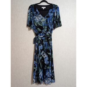 Nine West Dress Size 12 Blue Black Floral Short Sleeve V-neck Maxi Dress